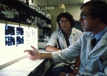 Researchers looking at slides of cultures of cells that make monoclonal antibodies. These are grown in a lab and the researchers are analyzing the products to select the most promising of them. Photo: Quintote