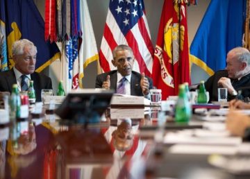 President Barack Obama meets with senior military leadership at the Pentagon in Arlington, Va., Oct. 8, 2014. (Official White House Photo by Pete Souza)