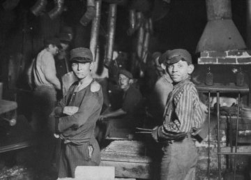 Child laborers in an Indiana glass works. Trade unions have an objective interest in combating child labor.