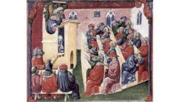 Rappresentazione di una lezione universitaria verso il 1350 di Laurentius de Voltolina. Fonte commons.wikimedia.org