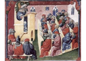 Rappresentazione di una lezione universitaria verso il 1350 di Laurentius de Voltolina. Fonte commons.wikimedia.org