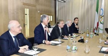 La delegazione italiana al Cio: Comunicazione Coni, Danilo di Tommaso, Presidente Coni, Giovanni Malagò, Presidente Comitato Promotore, Luca di Montezemolo, Segretario Generale, Roberto Fabbricini, Vice Segretario Generale, Carlo Mornati. Foto CIO