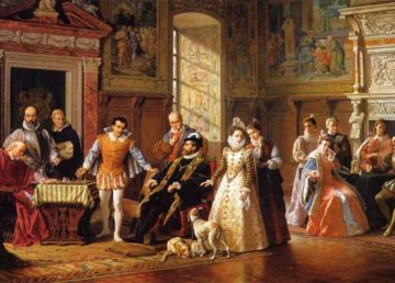 Luigi Mussini - Sfida scacchistica alla corte del Re di Spagna (1883), in cui è raffigurata l'impresa di Giò Leonardo Di Bona. Licenza PD-OLD-70