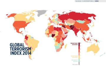 La mappa del terrorismo nella pubblicazione del Global Terrorism Index 2014, pubblicato il 16 marzo 2015. http://economicsandpeace.org/research/iep-indices-data/global-terrorism-index