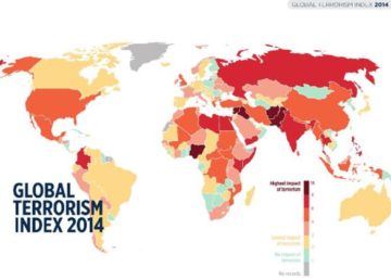 La mappa del terrorismo nella pubblicazione del Global Terrorism Index 2014, pubblicato il 16 marzo 2015. http://economicsandpeace.org/research/iep-indices-data/global-terrorism-index