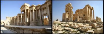 Palmira. A sinistra il teatro romano, a destra il tempio di Baal. “The_Scene_of_the_Theater_in_Palmyra.JPG” e "Temple of Bel in Palmyra". Con licenza CC BY-SA 3.0 tramite Wikimedia Commons.