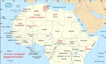 I Principali gruppi terroristici operanti in Africa. Rielaborazione di "African continent-en" by derivative work: Bobarino (talk)African_continent-fr.svg: Eric Gaba (Sting - fr:Sting) - African_continent-fr.svg. Licensed under CC BY-SA 2.5-2.0-1.0 via Wikimedia Commons -