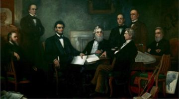 Abramo Lincoln. "Emancipation proclamation" di Francis Bicknell Carpenter - Senate.gov. Con licenza Pubblico dominio tramite Wikimedia Commons - https://commons.wikimedia.org/wiki/File:Emancipation_proclamation.jpg#/media/File:Emancipation_proclamation.jpg