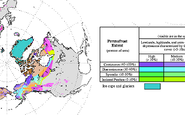 "Circum-Arctic Map of Permafrost and Ground Ice Conditions" di Brown, J., O.J. Ferrians, Jr., J.A. Heginbottom, and E.S. Melnikov. 1998, revised February 2001. http://nsidc.org/data/docs/fgdc/ggd318_map_circumarctic/index.html. Con licenza Pubblico dominio tramite Wikimedia Commons