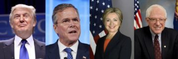 Da sinistra: Donald Trump, Jeb Bush, Hilary Clinton e Bernie Sanders candidati alle primarie per le presidenziali USA. Foto: Gage Skidmore per Trump, Michael Vadon 16 per Bush, di pubblico dominio per Clinton e Sanders.