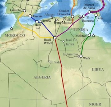 "Algeria pipelines map" by Gas_pipelines_across_Mediterranee_and_Sahara_map-en.svg: Sémhurderivative work: Mahmoudb1953 (talk)