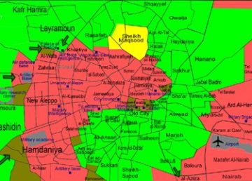 Situazione attuale nella città di Aleppo. In verde le aree controllate dai ribelli, in giallo dai curdi, in rosso dal governo e in marrone le zone di conflitto. Di Futuretrillionaire, CC BY-SA 3.0, https://commons.wikimedia.org/w/index.php?curid=21549269