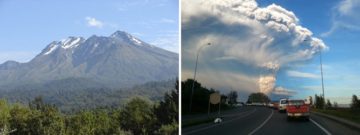Il volcano Calbucco a sinistra a riposo (foto di Jason Quin) a destra in fase di attività (foto di Aeveraal) https://commons.wikimedia.org/w/index.php?curid=9757750 e https://commons.wikimedia.org/w/index.php?curid=39729835