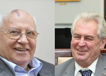 Collage: Soviet President Mikhail Gorbachev, di Veni, Wikipedia Commons; President of the Czech Republic Miloš Zeman in the Polish Senate, di Michał Józefaciuk, Wikipedia Commons.