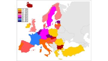 La percentuale di persone nei Paesi europei che affermano di non credere in "alcun tipo di spirito, Dio o forza vitale" (2005) Di Melkor73, from the work of Micheletb (2005) - Own work based on Eurobarometer's 2005 pool results (ebs_225_report_en.pdf, pp. 9)., CC BY-SA 3.0, https://commons.wikimedia.org/w/index.php?curid=5405314