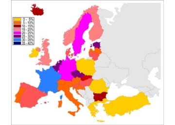 La percentuale di persone nei Paesi europei che affermano di non credere in "alcun tipo di spirito, Dio o forza vitale" (2005) Di Melkor73, from the work of Micheletb (2005) - Own work based on Eurobarometer's 2005 pool results (ebs_225_report_en.pdf, pp. 9)., CC BY-SA 3.0, https://commons.wikimedia.org/w/index.php?curid=5405314