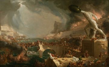 La distruzione dell'Impero romano, di Thomas Cole. Dipinto allegorico (ispirato molto probabilmente al sacco di Roma dei Vandali del 455), quarto della serie "Il corso dell'Impero" del 1836, oggi a New York, presso l'Historical Society, di Thomas Cole, Wikipedia
