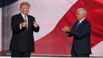 Trump and his running mate, Indiana Governor Mike Pence, July 2016. By Ali Shaker/VOA - http://m.voanews.com/a/republican-national-convention-day-three-/3427729.html, Public Domain, https://commons.wikimedia.org/w/index.php?curid=50357462