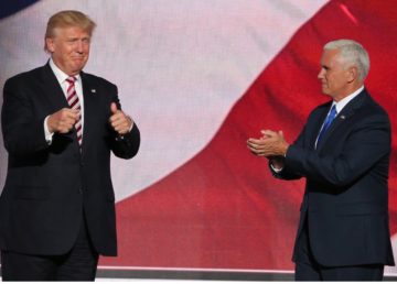 Trump and his running mate, Indiana Governor Mike Pence, July 2016. By Ali Shaker/VOA - http://m.voanews.com/a/republican-national-convention-day-three-/3427729.html, Public Domain, https://commons.wikimedia.org/w/index.php?curid=50357462