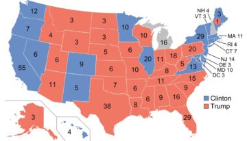Electoral college map for the 2016 United States presidential election (note: Nebraska and Maine split their EVs by congressional district). Di Gage - 2012 Electoral College map, CC BY-SA 4.0, https://commons.wikimedia.org/w/index.php?curid=35172210