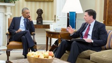 Obama receives an update from Comey and Homeland Security Advisor Lisa Monaco on the 2016 Orlando nightclub shooting, June 12, 2016. By Pete Souza - P061216PS-0013, Public Domain, https://commons.wikimedia.org/w/index.php?curid=49408640