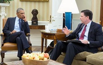 Obama receives an update from Comey and Homeland Security Advisor Lisa Monaco on the 2016 Orlando nightclub shooting, June 12, 2016. By Pete Souza - P061216PS-0013, Public Domain, https://commons.wikimedia.org/w/index.php?curid=49408640