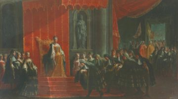 In piedi davanti al trono sopraelevato e coperto da baldacchino, Elisabetta Farnese riceve gli omaggi di alcuni nobili. Autore: Ilario Spolverini (1657-1734). Tramite //commons.wikimedia.org/wiki/
