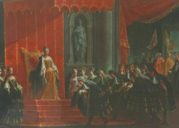 In piedi davanti al trono sopraelevato e coperto da baldacchino, Elisabetta Farnese riceve gli omaggi di alcuni nobili. Autore: Ilario Spolverini (1657-1734). Tramite //commons.wikimedia.org/wiki/