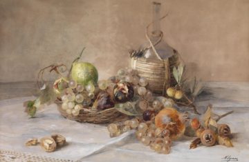 Natura morta con frutta e fiasco di Chianti di Marie Egner, Wikimedia Commons