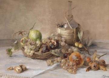 Natura morta con frutta e fiasco di Chianti di Marie Egner, Wikimedia Commons