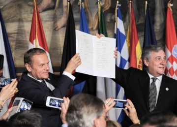 Le firme sotto la dichiarazione di Roma del 25/03/2017 del Presidente del Consiglio Europeo Donald Tusk e del Parlamento Europeo Antonio Tajani.