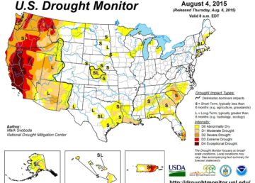 Siccità negli Stati Uniti (NOAA National Centers for Environmental Information, State of the Climate: Drought for July 2015, published online August 2015, retrieved on May 30, 2017 from https://www.ncdc.noaa.gov/sotc/drought/201507)