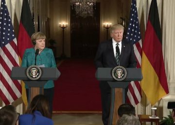 German Chancellor Angela Merkel and U.S. President Donald Trump at their joint press conference in the White House in Washington, D.C.