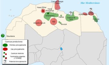 Il bacino (cuenca del Sirte) è indicato in verde a est della Libia. Di Ahabvader - Opera propria, Pubblico dominio, https://commons.wikimedia.org/w/index.php?curid=4296745 https://it.wikipedia.org/wiki/Bacino_della_Sirte#/media/File:Regiones_petroleras_-_%C3%81frica_del_Norte.svg