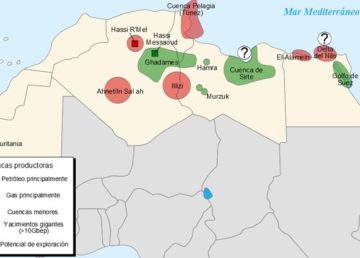 Il bacino (cuenca del Sirte) è indicato in verde a est della Libia. Di Ahabvader - Opera propria, Pubblico dominio, https://commons.wikimedia.org/w/index.php?curid=4296745 https://it.wikipedia.org/wiki/Bacino_della_Sirte#/media/File:Regiones_petroleras_-_%C3%81frica_del_Norte.svg