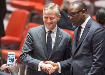 Jean-Pierre Lacroix (left), Under-Secretary-General for Peacekeeping Operations, with Foreign Minister Abdoulaye Diop of Mali, at the Security Council meeting on the situation in Mali. UN Photo/Eskinder Debebe